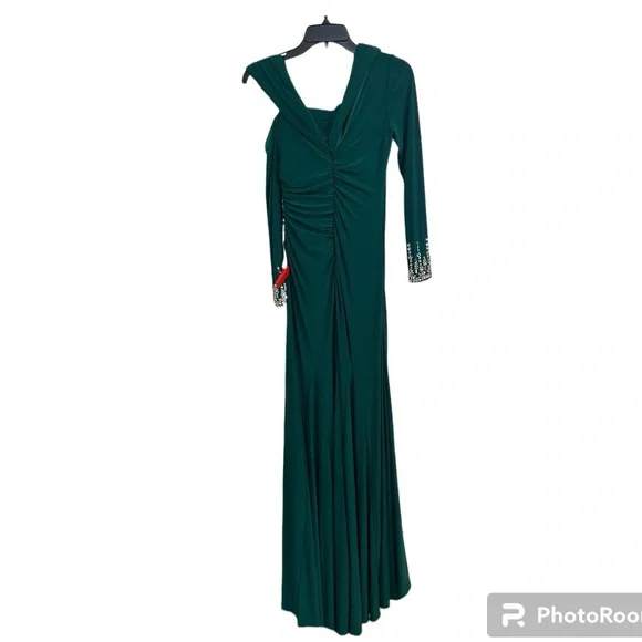 MAC DUGGAL BEADED CUFF DROP SHOULDER FAUX WRAP GOWN SIZE 0 EMERALD GREEN #12231 - Picture 5 of 14